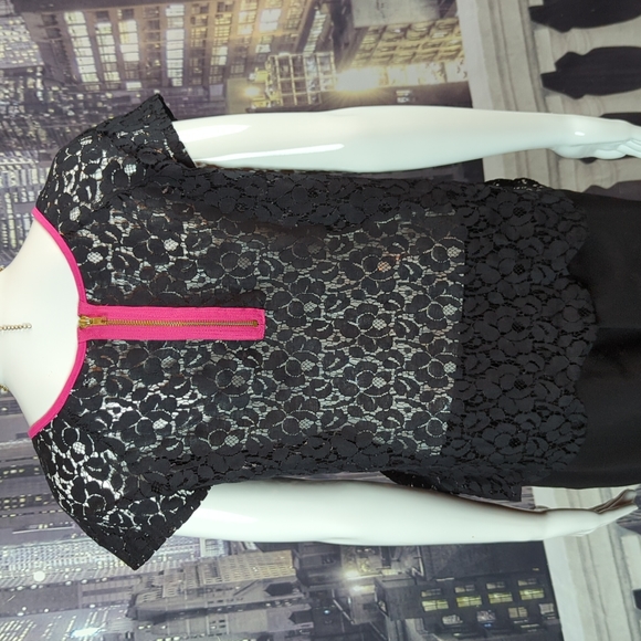 Speechless sz Large Sheer Black Lace Short Sleeve Top with Hot Pink Piping - Picture 5 of 7